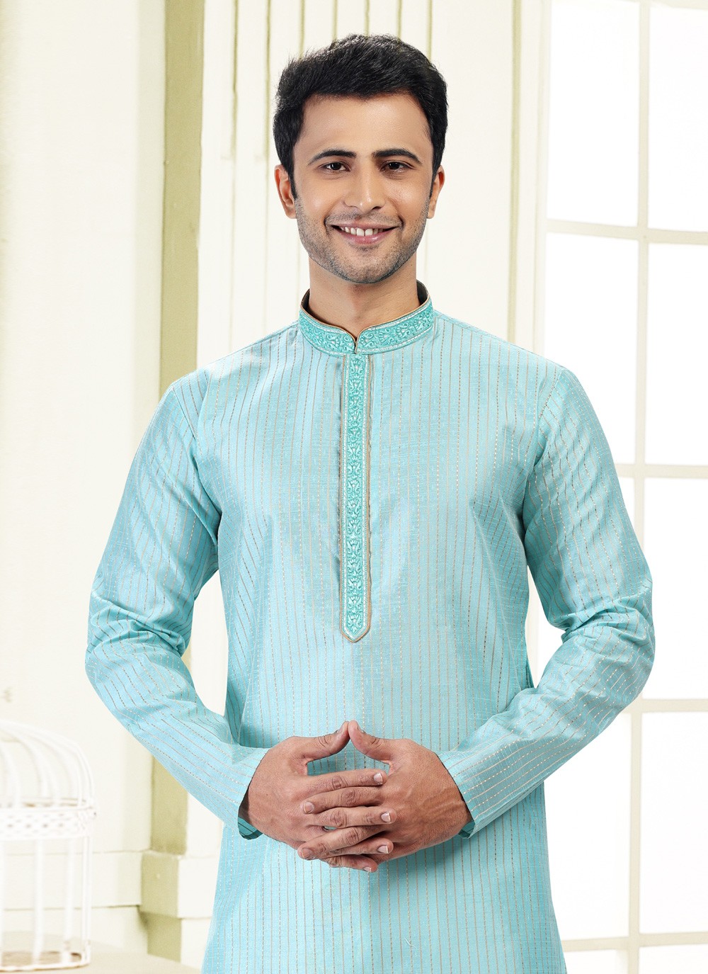 Fancy Work Art Silk, Jacquard Aqua Blue Kurta Pyjama - M4870