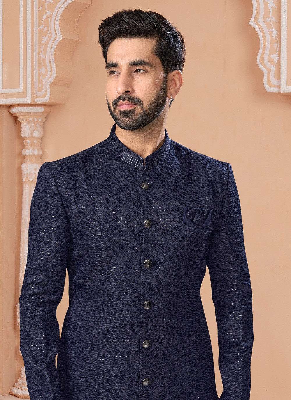 Sequins Jacquard Navy Blue Indo Western Sherwani - M6885