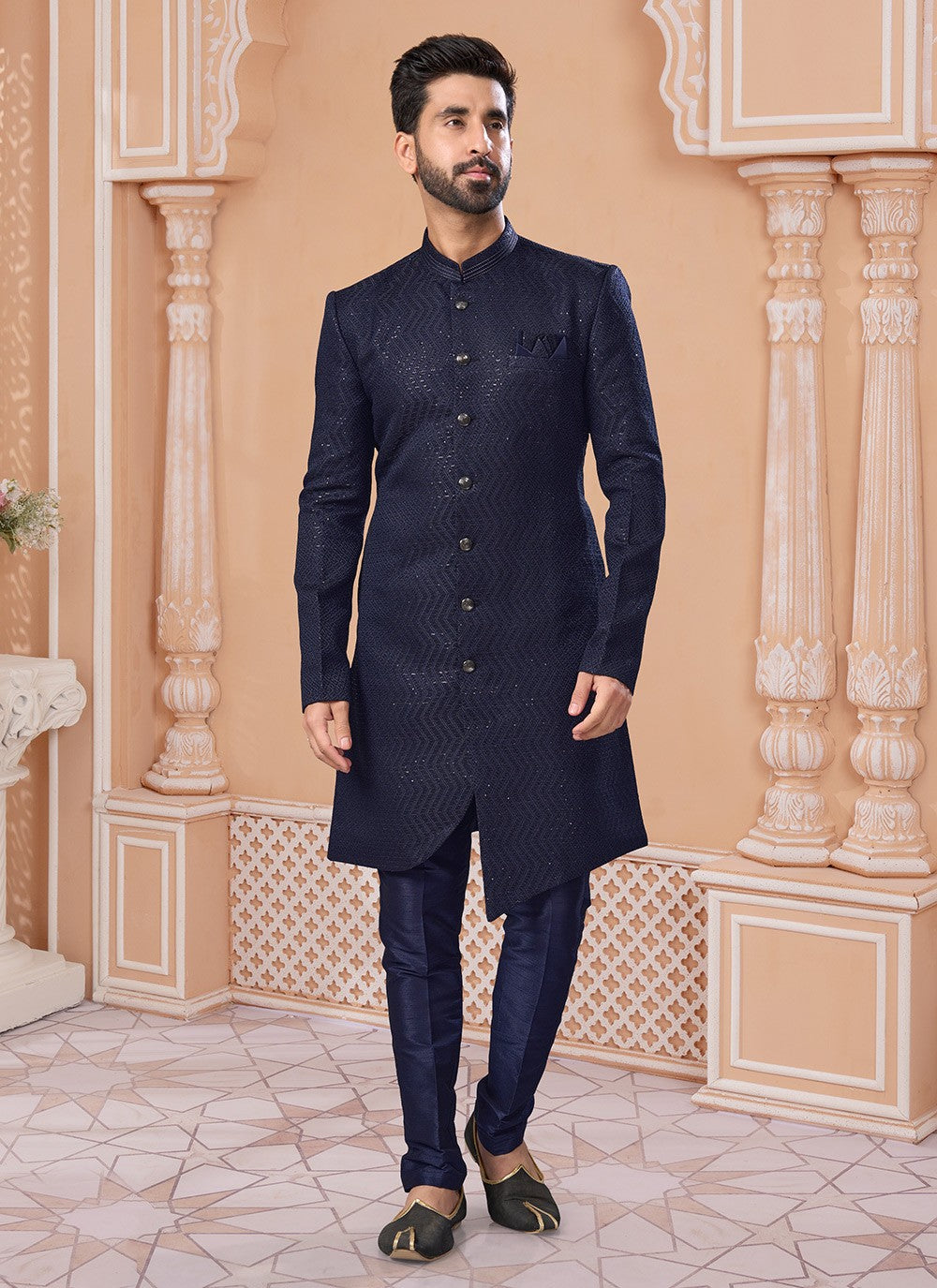 Sequins Jacquard Navy Blue Indo Western Sherwani - M6885