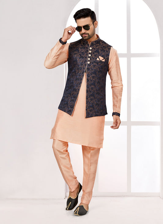 Thread Jacquard Navy Blue Kurta Payjama With Jacket - M6712