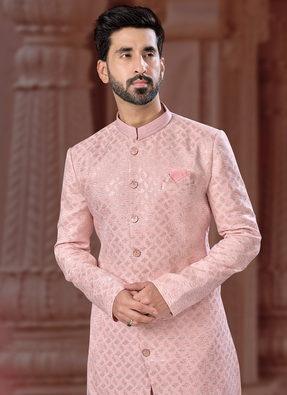 Fancy Work Jacquard Pink Indo Western Sherwani - M7136