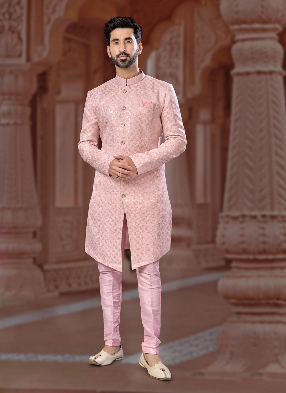 Fancy Work Jacquard Pink Indo Western Sherwani - M7136