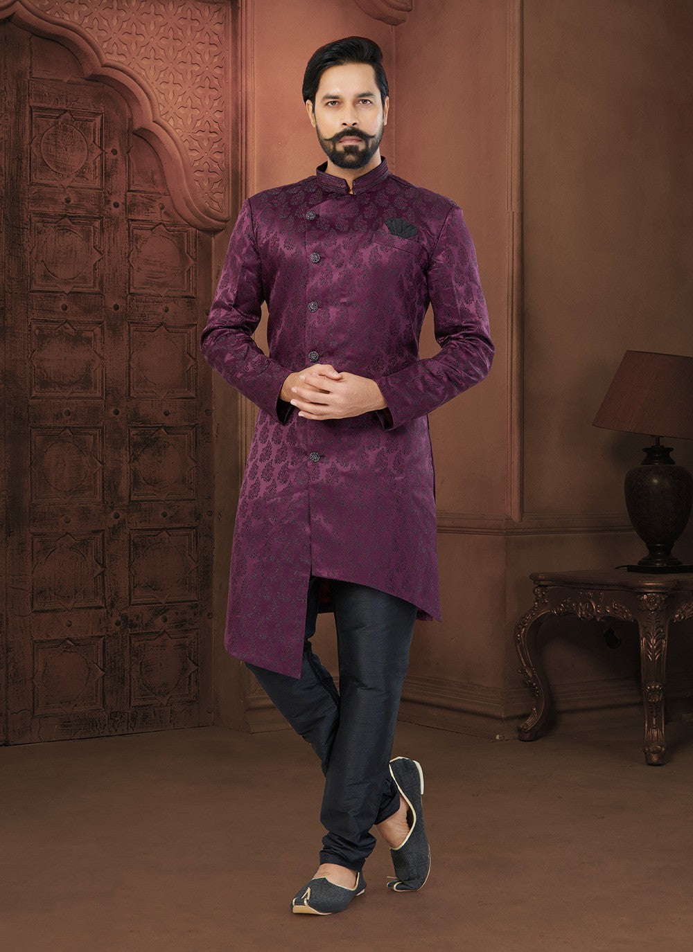 Fancy Work Jacquard Wine Indo Western Sherwani - M5803
