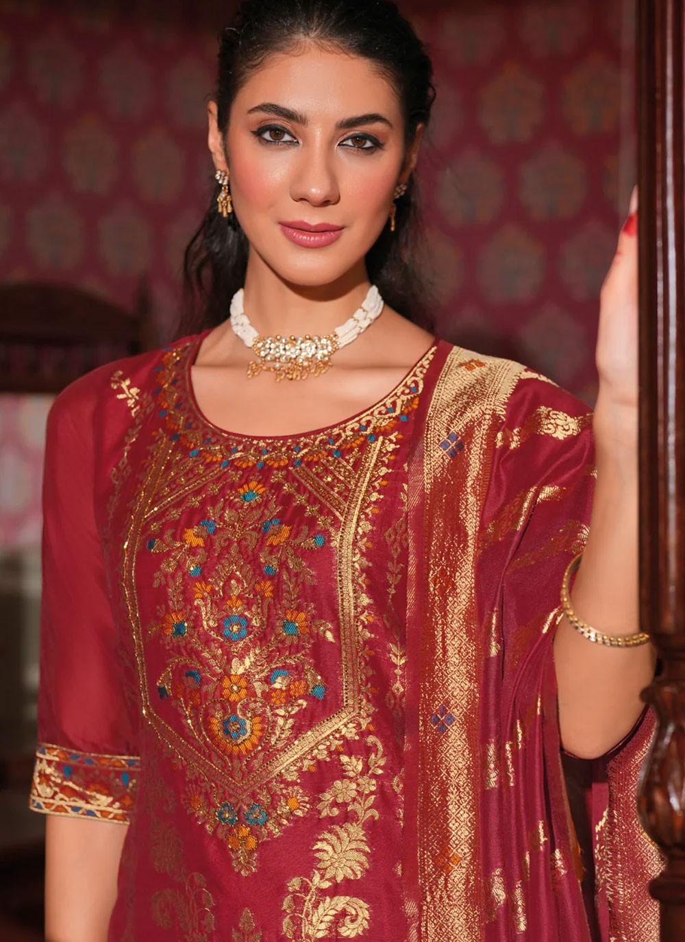 Jacquard Work Banarasi Jacquard Crimson Salwar Suit T6109