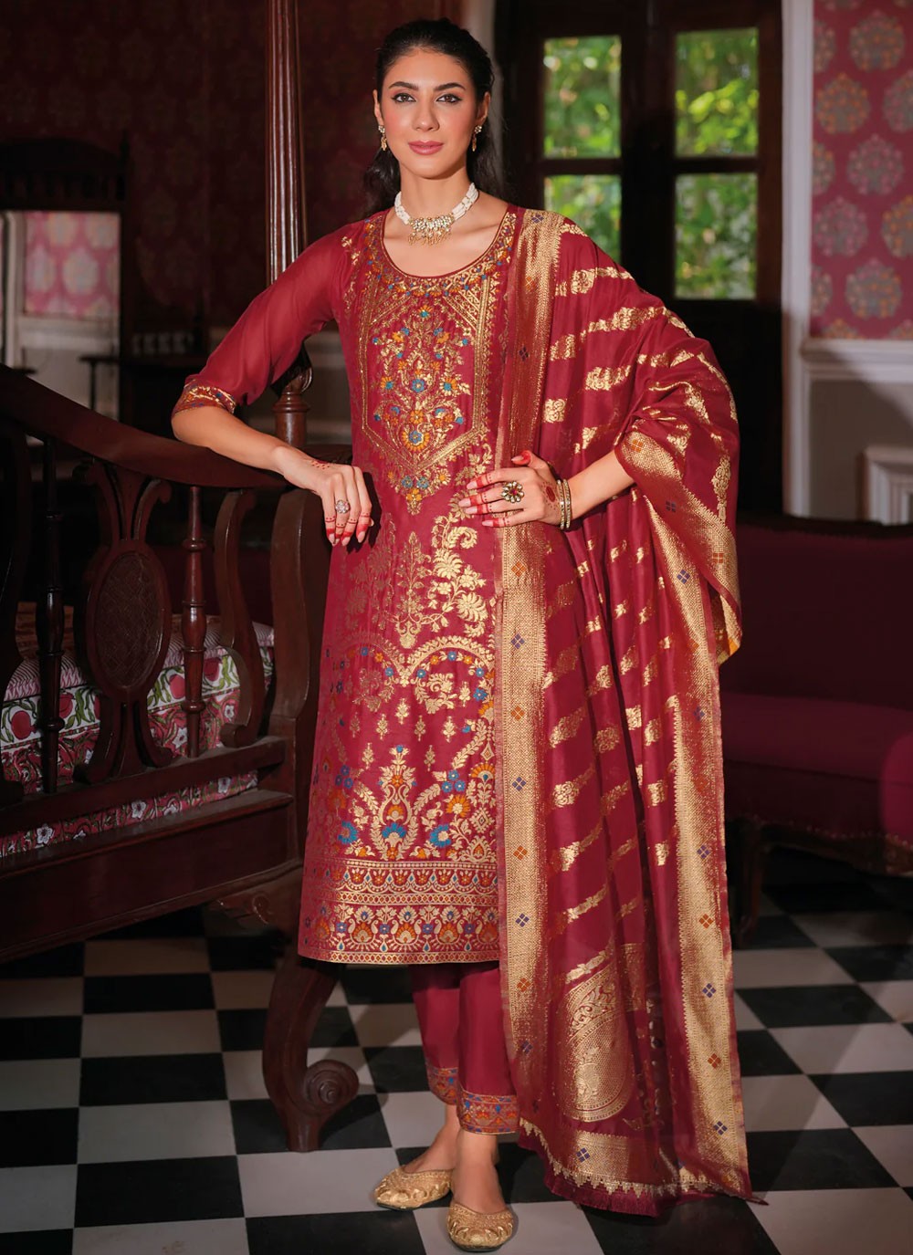 Jacquard Work Banarasi Jacquard Crimson Salwar Suit T6109