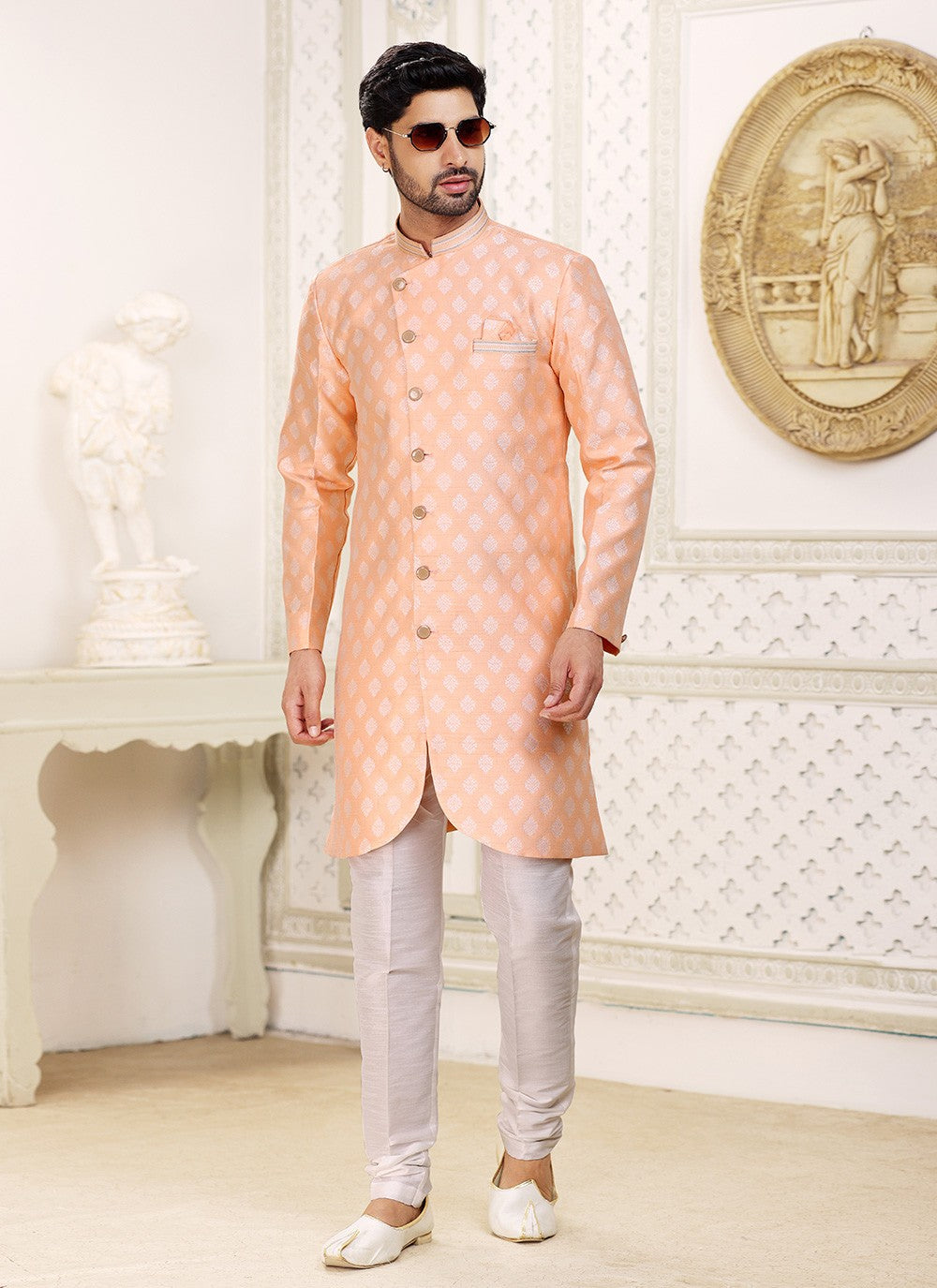 Jacquard Work Banarasi Jacquard Peach Indo Western - M5280