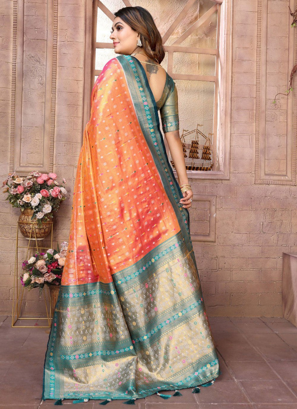 Classic Saree Jacquard Work Hot Pink, Orange Banarasi Silk Saree S12893