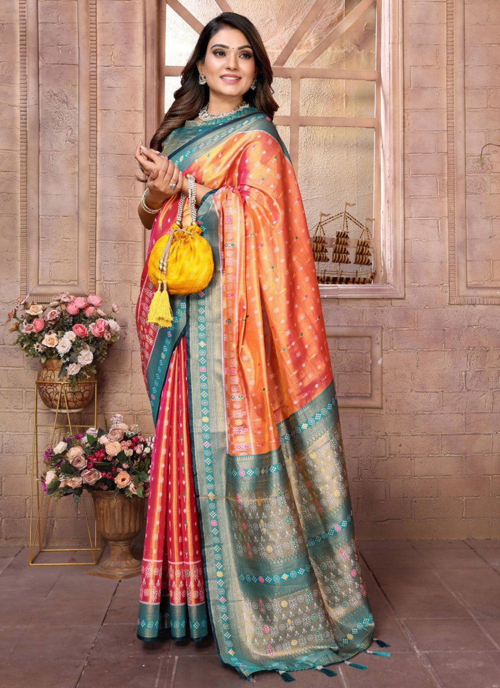 Classic Saree Jacquard Work Hot Pink, Orange Banarasi Silk Saree S12893