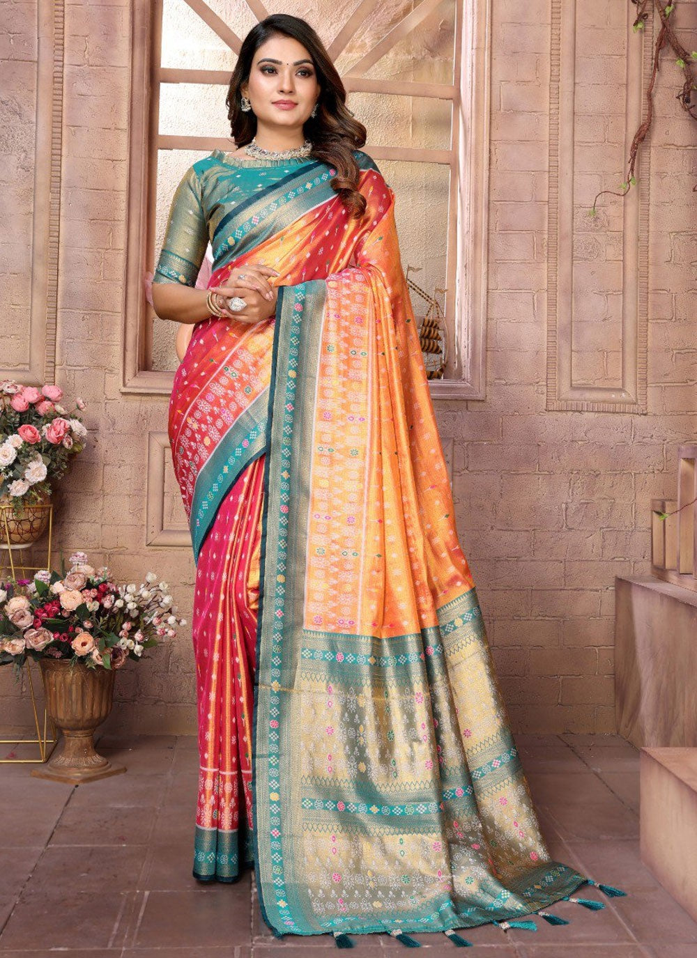 Classic Saree Jacquard Work Hot Pink, Orange Banarasi Silk S12893