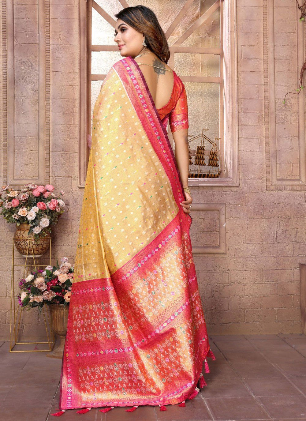 Traditional Jacquard Work Cream, Gold Banarasi Silk Saree S12896