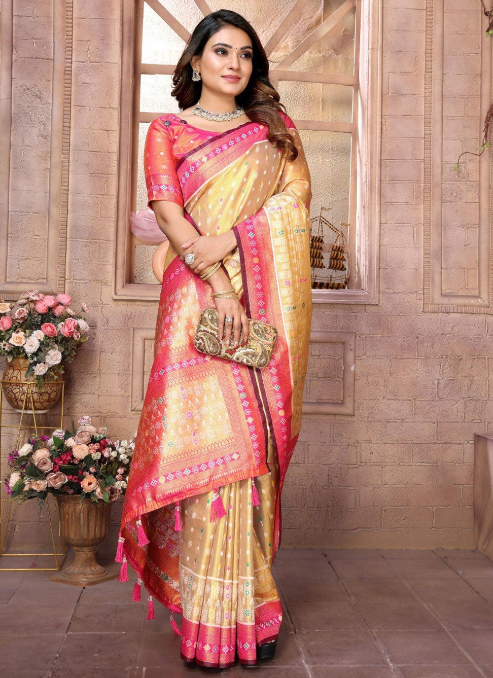 Traditional Jacquard Work Cream, Gold Banarasi Silk Saree S12896