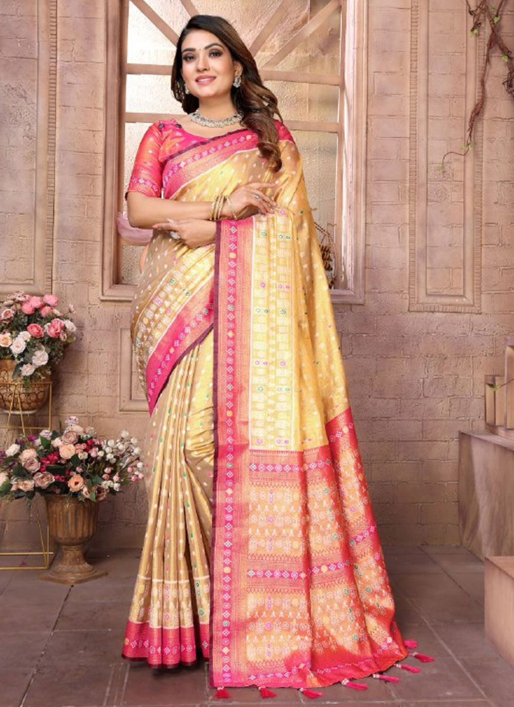 Traditional Jacquard Work Cream, Gold Banarasi Silk S12896