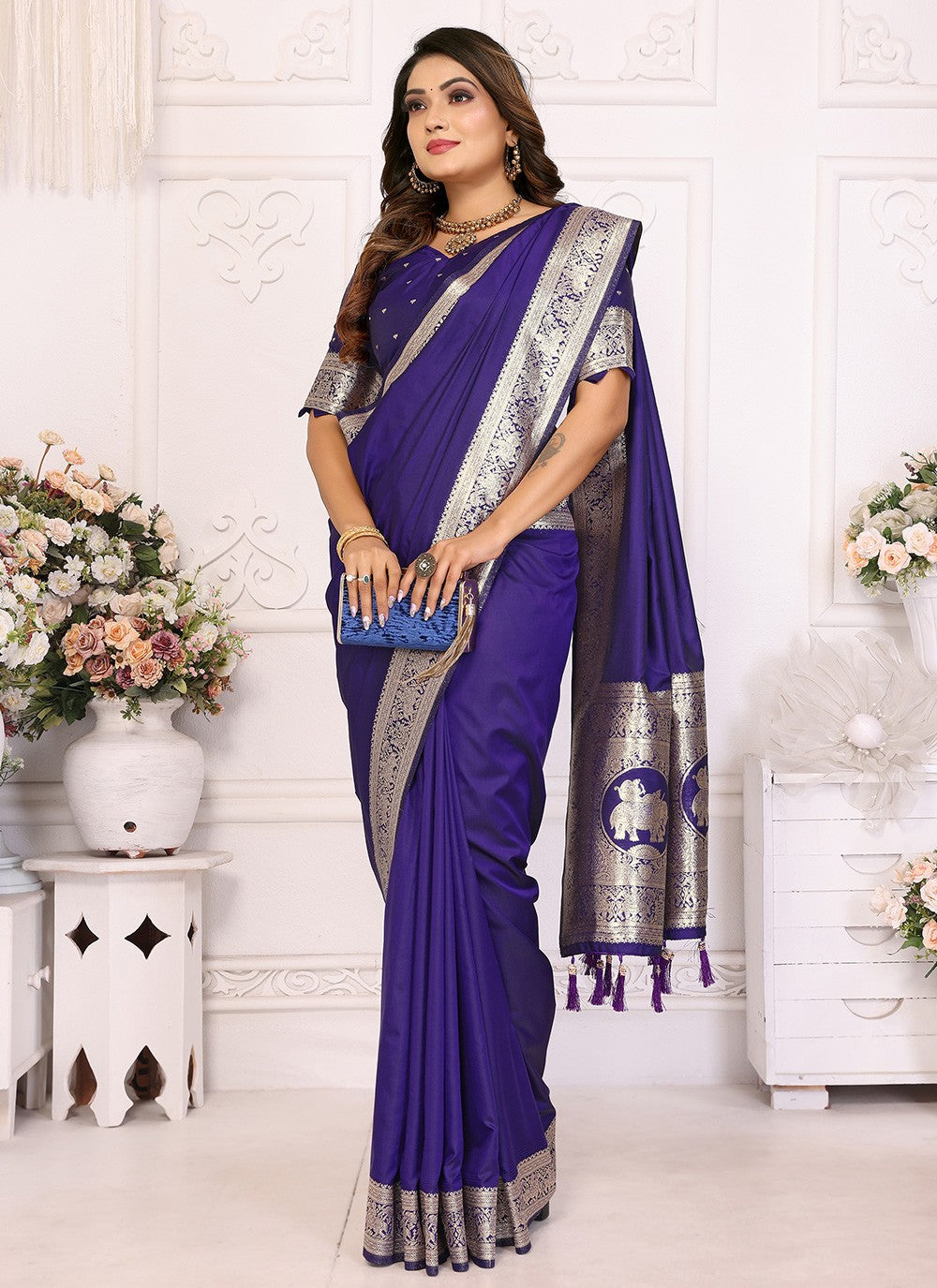Purple Banarasi Silk Trendy Saree Jacquard Work, Weaving Zari S17845