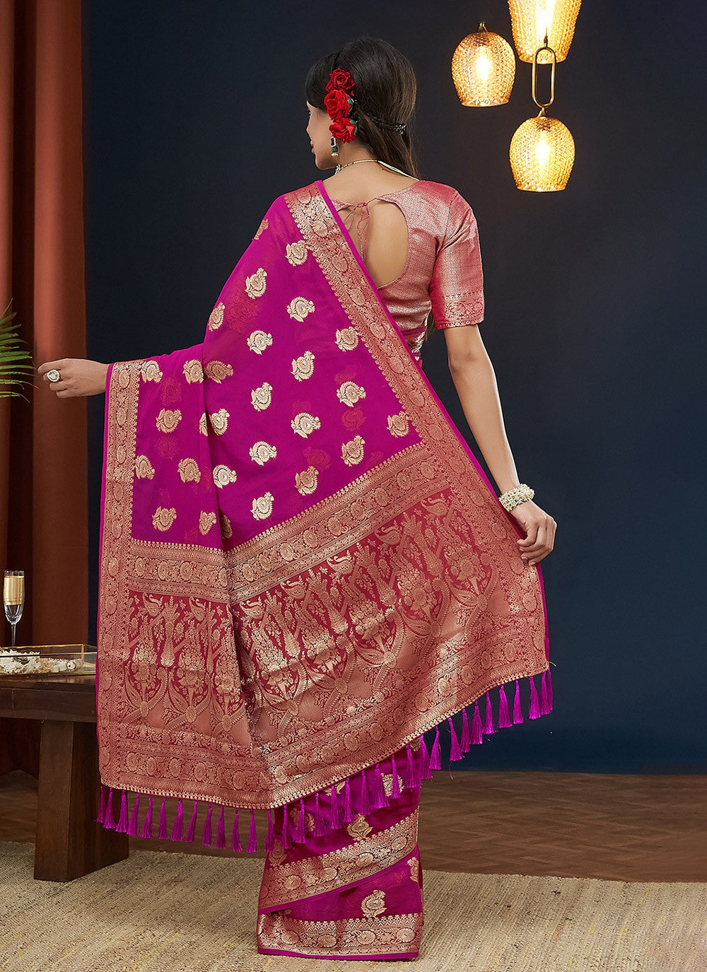 Trendy Saree Jacquard Work Pink Georgette S12542