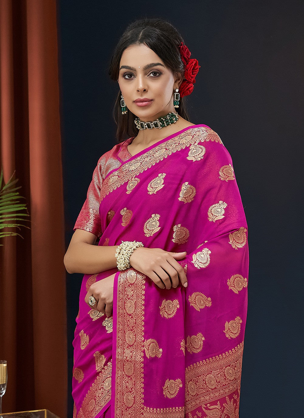 Trendy Saree Jacquard Work Pink Georgette S12542