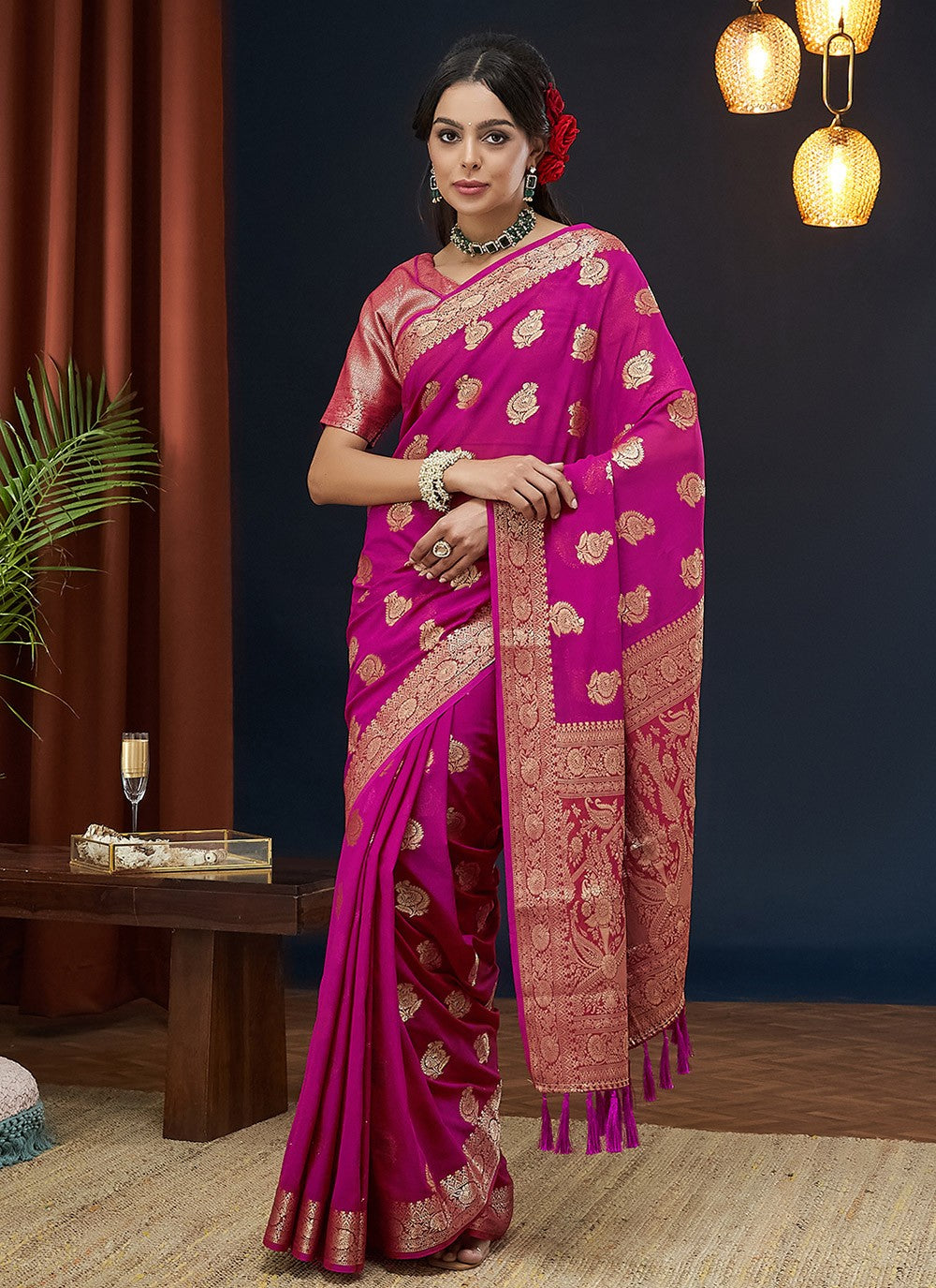 Trendy Saree Jacquard Work Pink Georgette Saree S12542