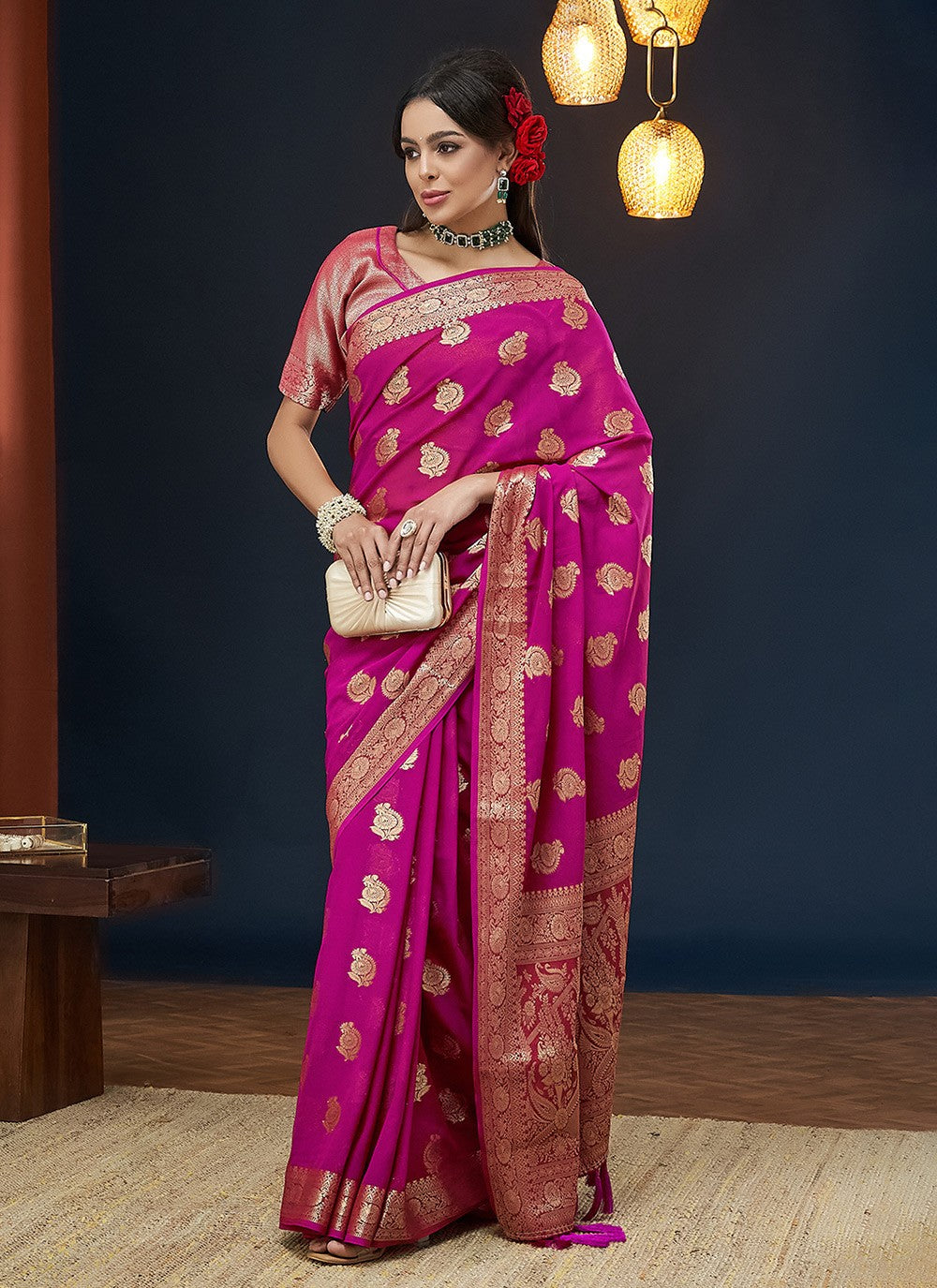 Trendy Saree Jacquard Work Pink Georgette S12542