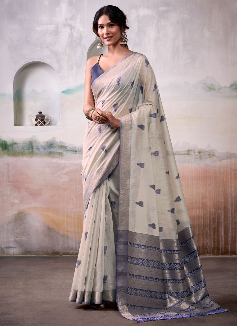 Off White Cotton Traditional Saree Jacquard Work S17559