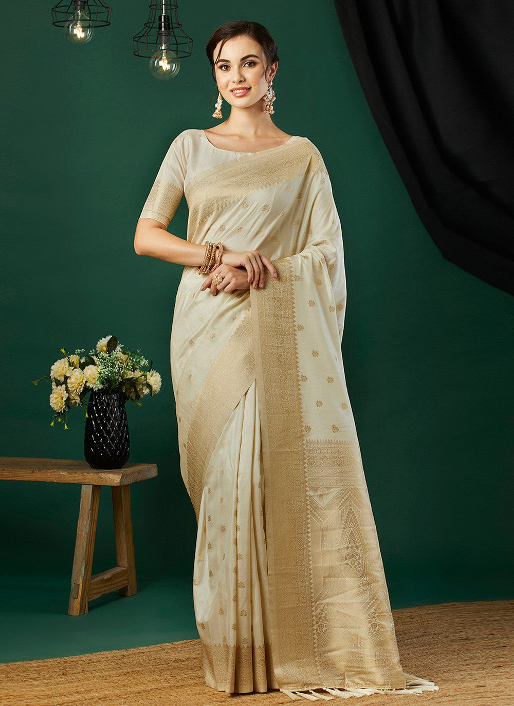 Classic Saree Jacquard Work Cream Naylon Saree S12531