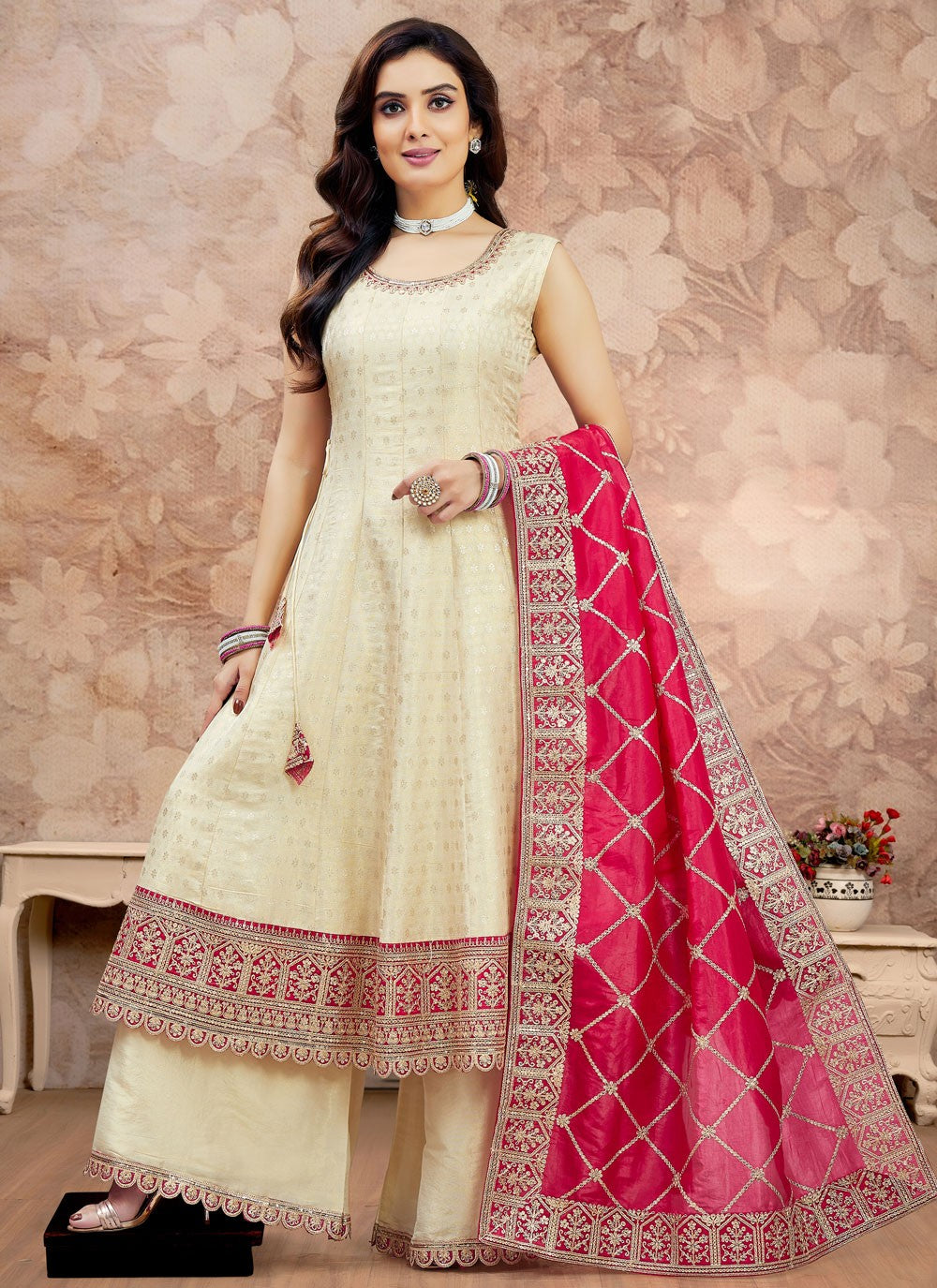 Palazzo Suit Embroidered, Jacquard Work, Zari Cream T7602