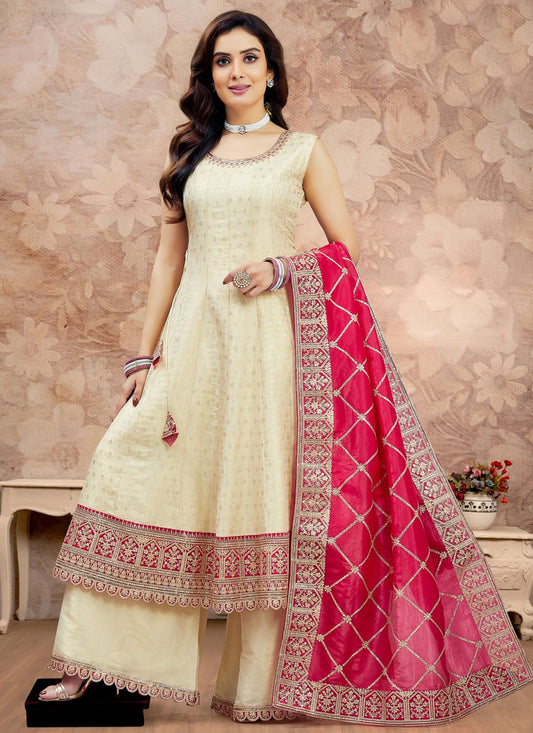 Palazzo Suit Embroidered, Jacquard Work, Zari Cream T7602