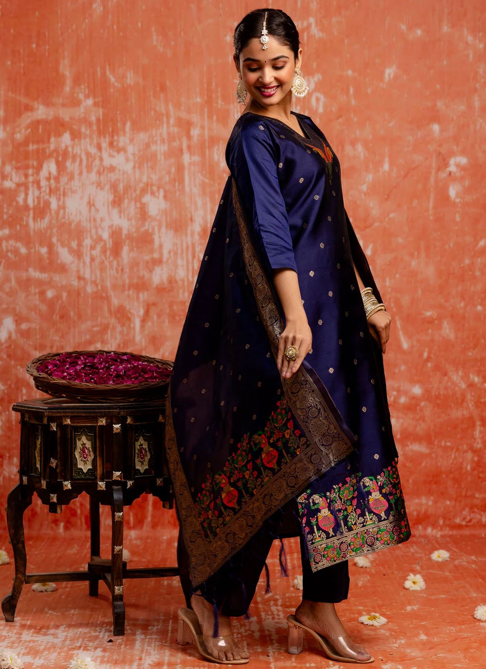 Jacquard Work Cotton Silk Navy Blue Salwar Suit T6148