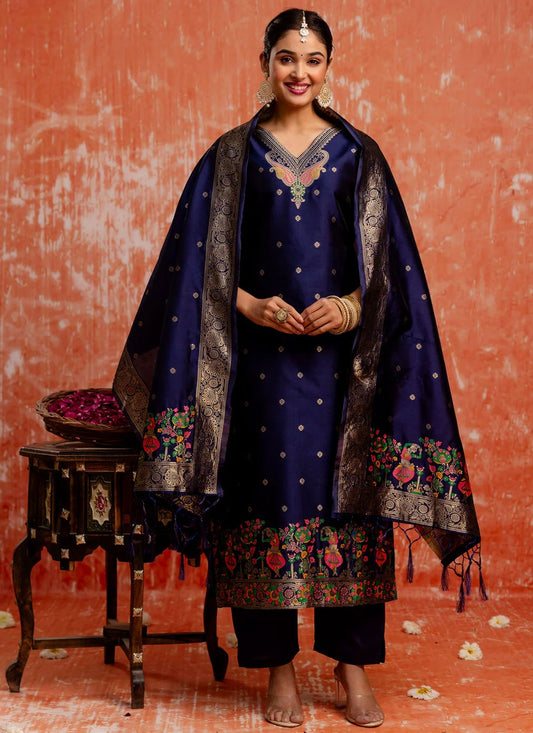 Jacquard Work Cotton Silk Navy Blue Salwar Suit T6148