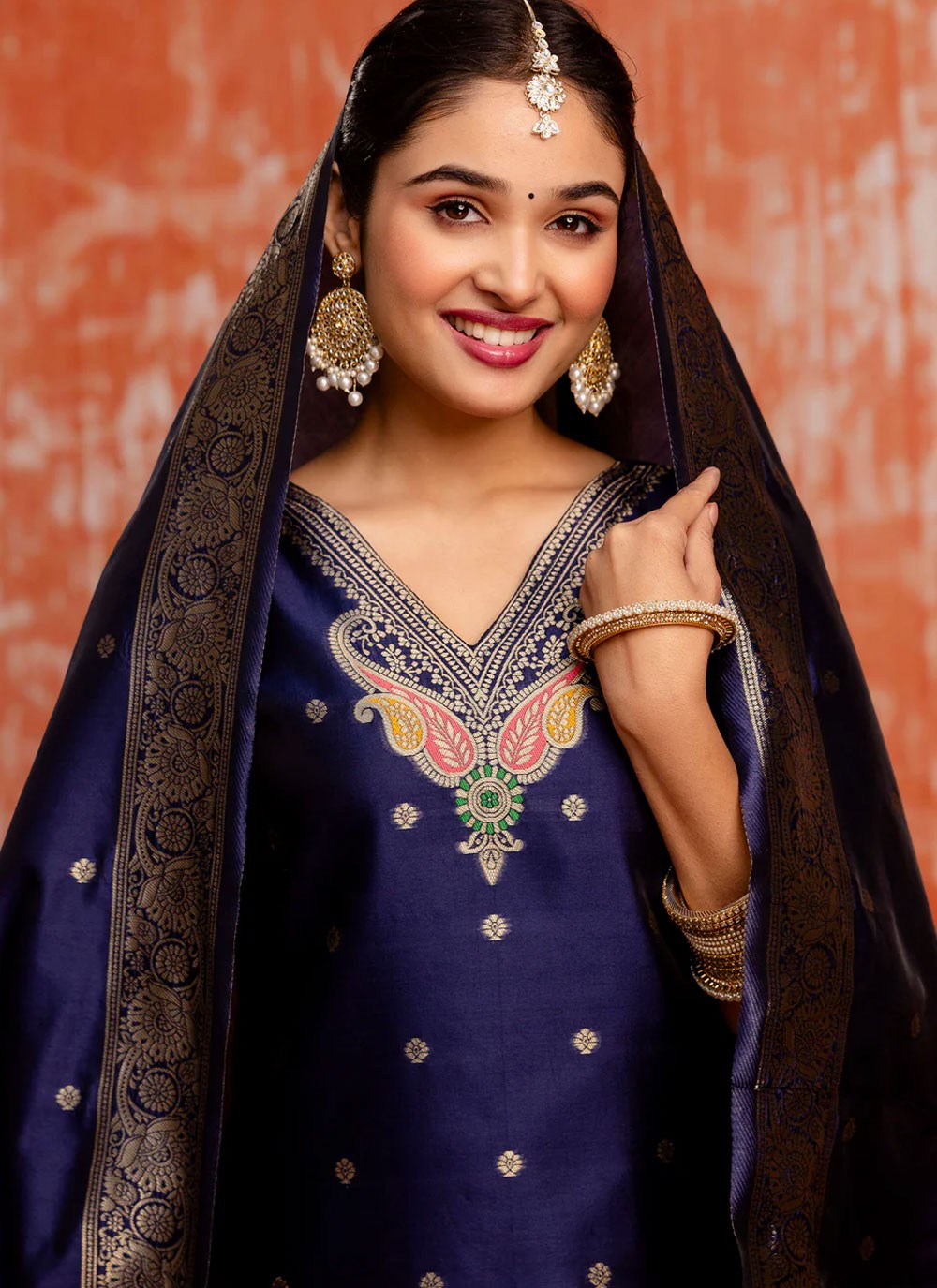 Jacquard Work Cotton Silk Navy Blue Salwar Suit T6148