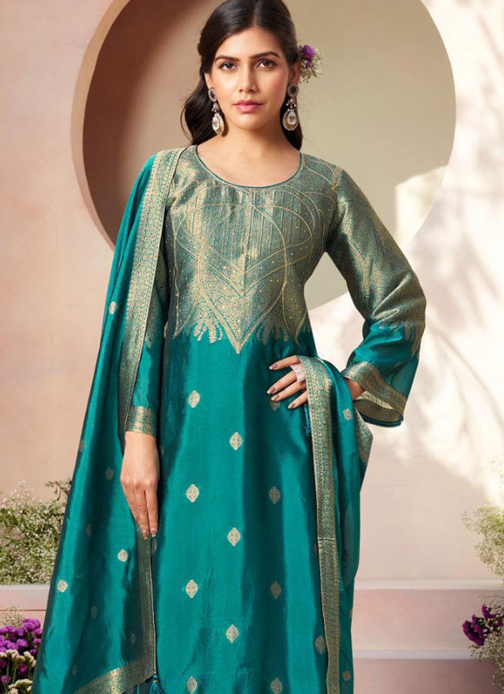 Crystals Silk Turquoise Salwar Suit T6587