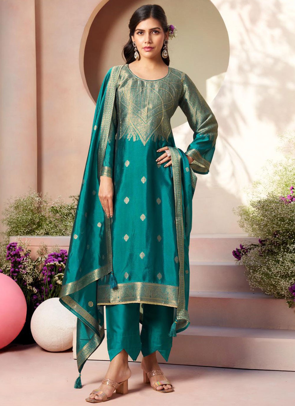 Crystals Silk Turquoise Salwar Suit T6587
