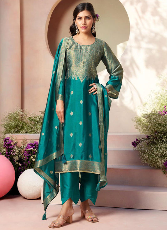 Crystals Silk Turquoise Salwar Suit T6587