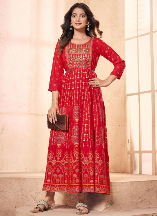 Embroidered Rayon Red Gown G19808