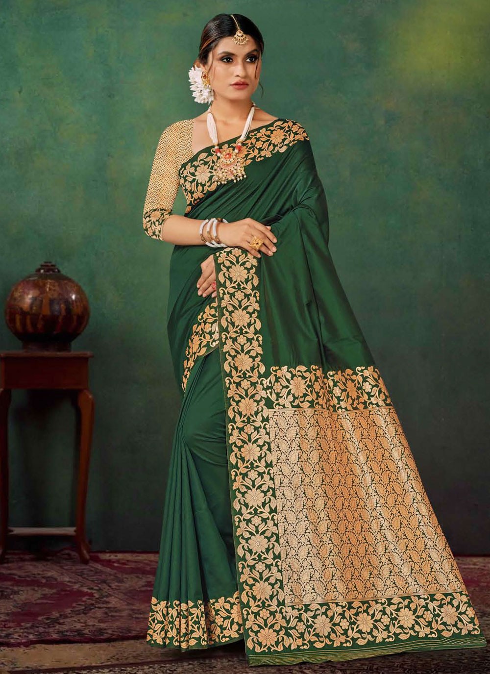 Classic Saree Jacquard Work Green Silk Saree S12886