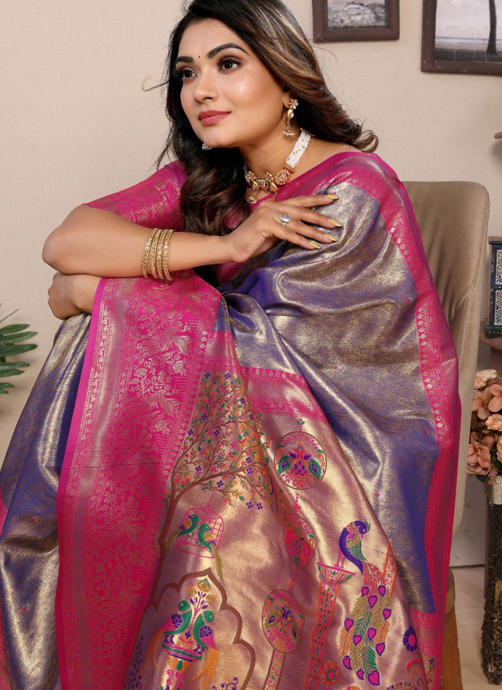 Traditional Jacquard Work Grey Silk Saree S12900