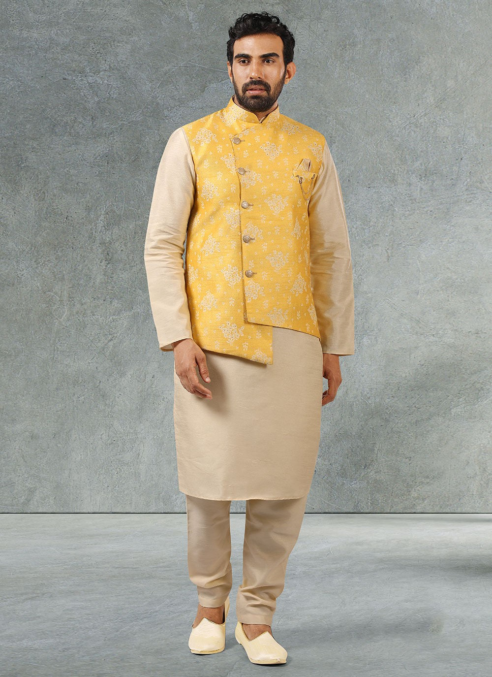 Jacquard Work Banarasi Silk, Jacquard Beige, Yellow Kurta Payjama With Jacket - M2353