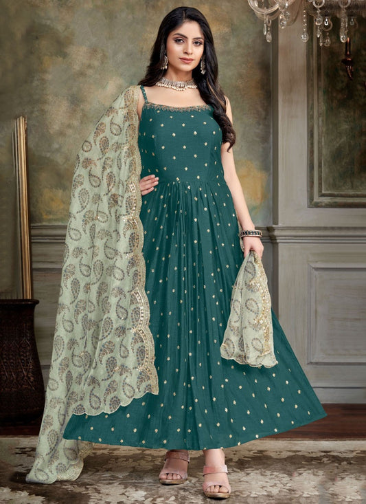 Salwar Suit Jacquard Work Green, Teal Jacquard T5461