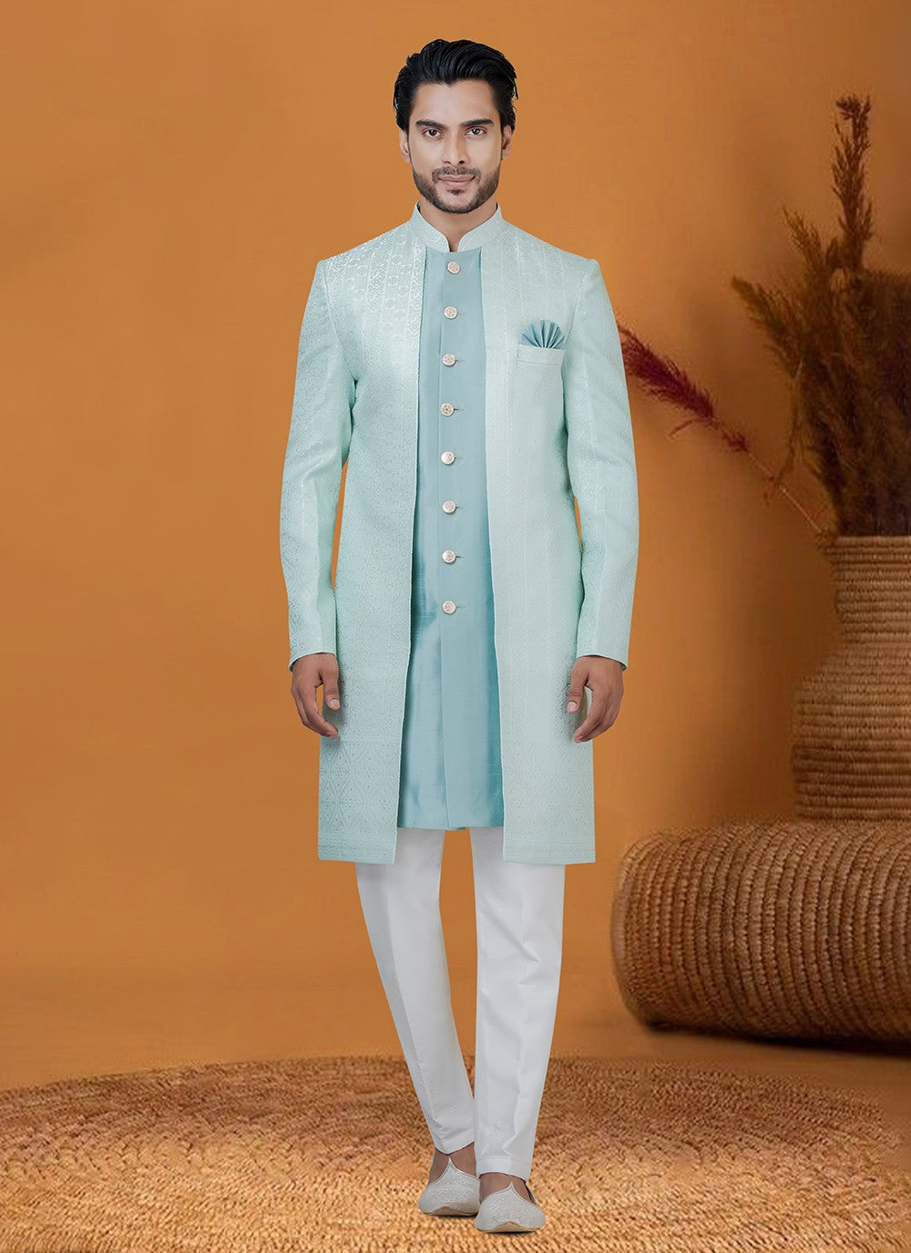 Jacquard Work Jacquard Silk Aqua Blue Indo Western - M8379