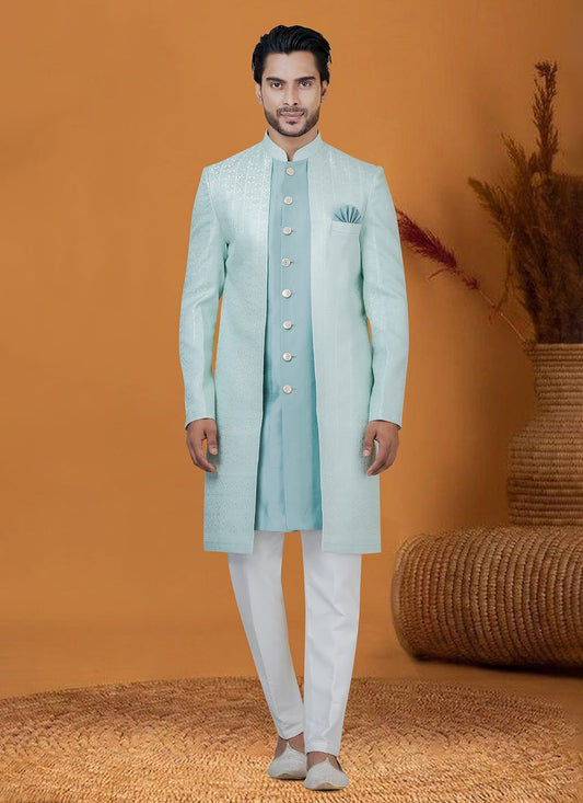 Jacquard Work Jacquard Silk Aqua Blue Indo Western - M8379