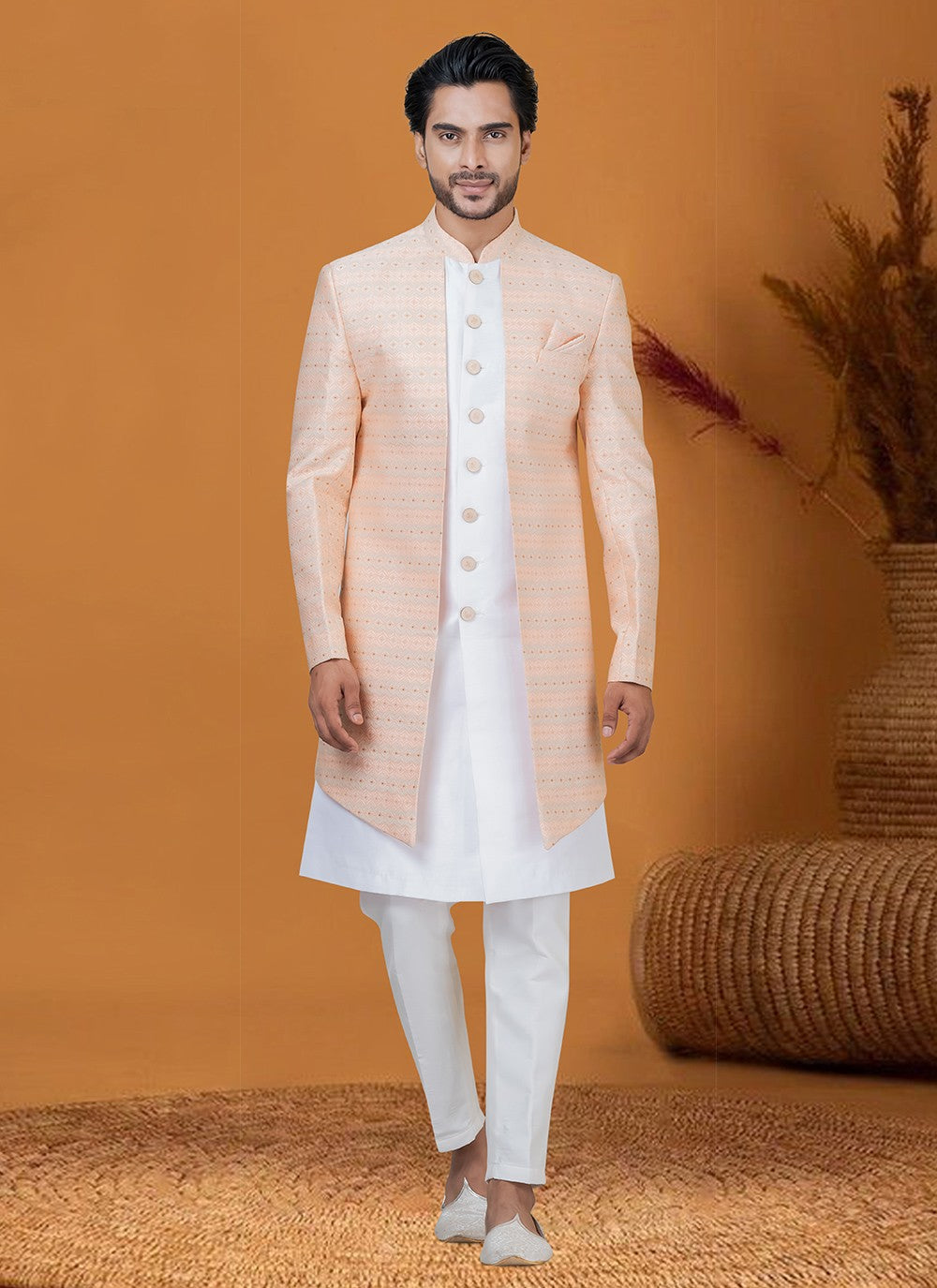 Jacquard Work Jacquard Silk Peach Indo Western - M8411