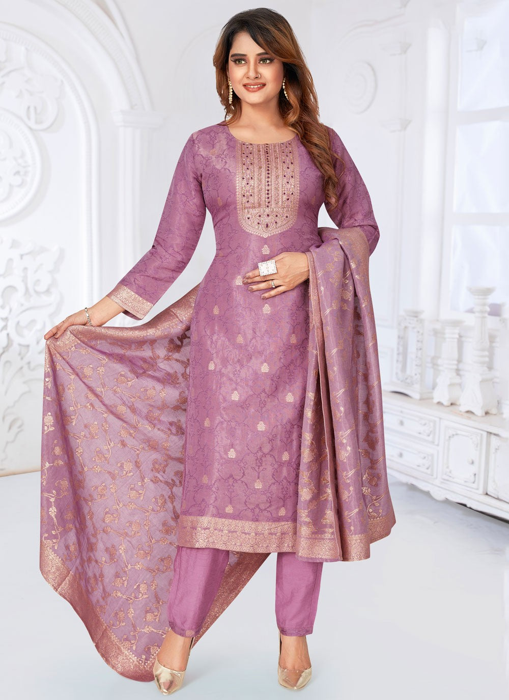 Salwar Suit Jacquard Work Purple Jacquard T5713