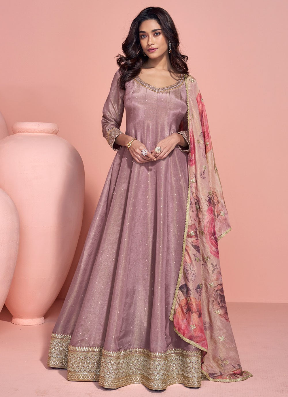 Embroidered Organza Purple Anarkali T6010