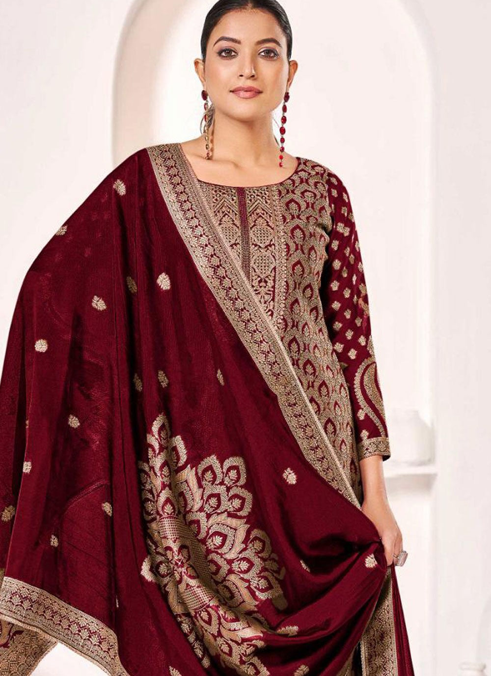 Pant Style Suit Jacquard Work Maroon T6691