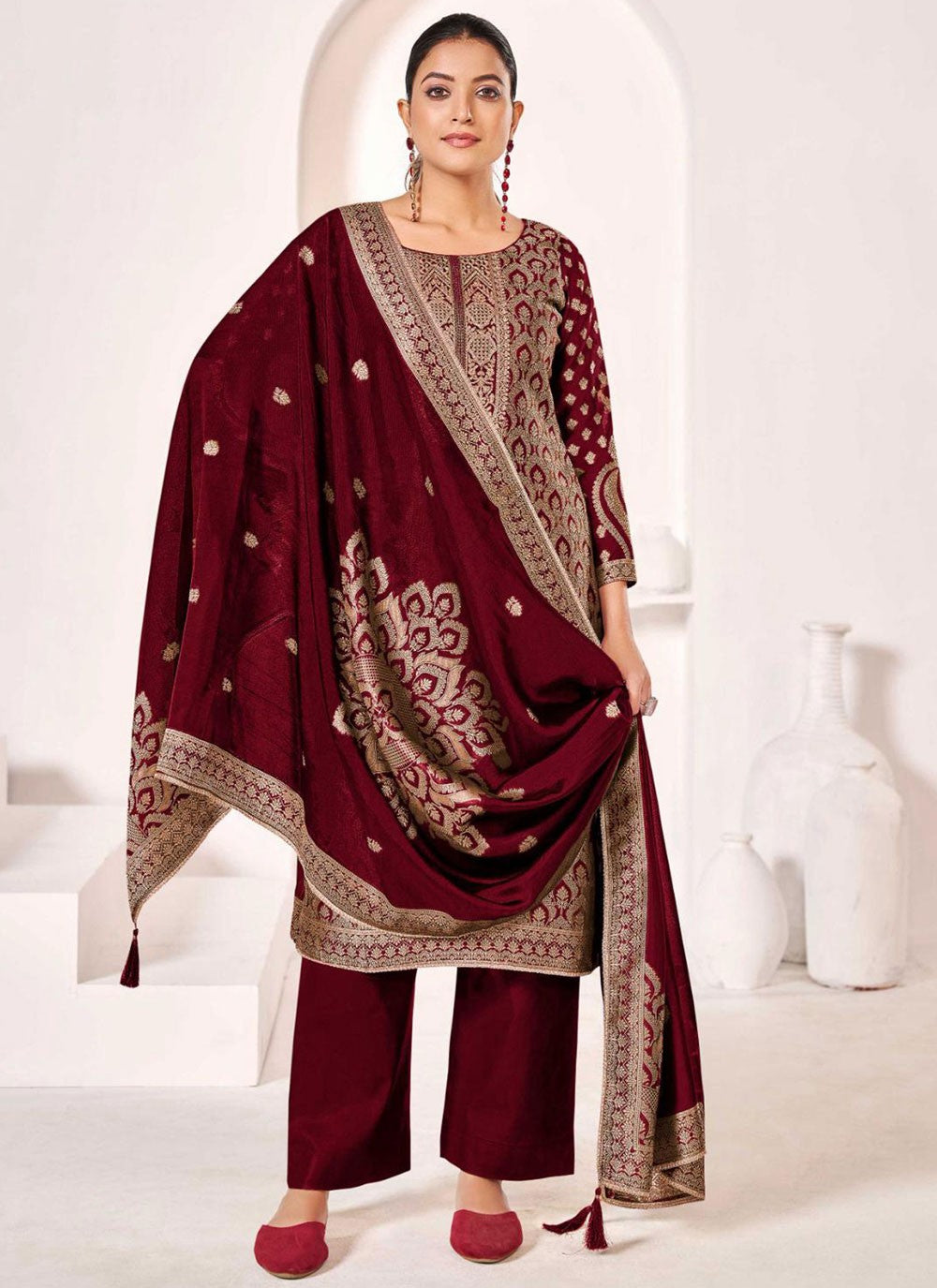 Pant Style Suit Jacquard Work Maroon T6691