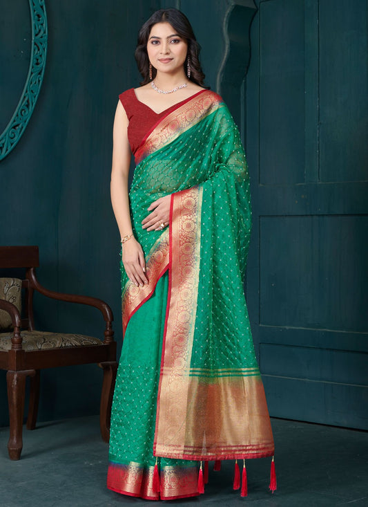 Beads Jacquard Green Contemporary Saree S15056