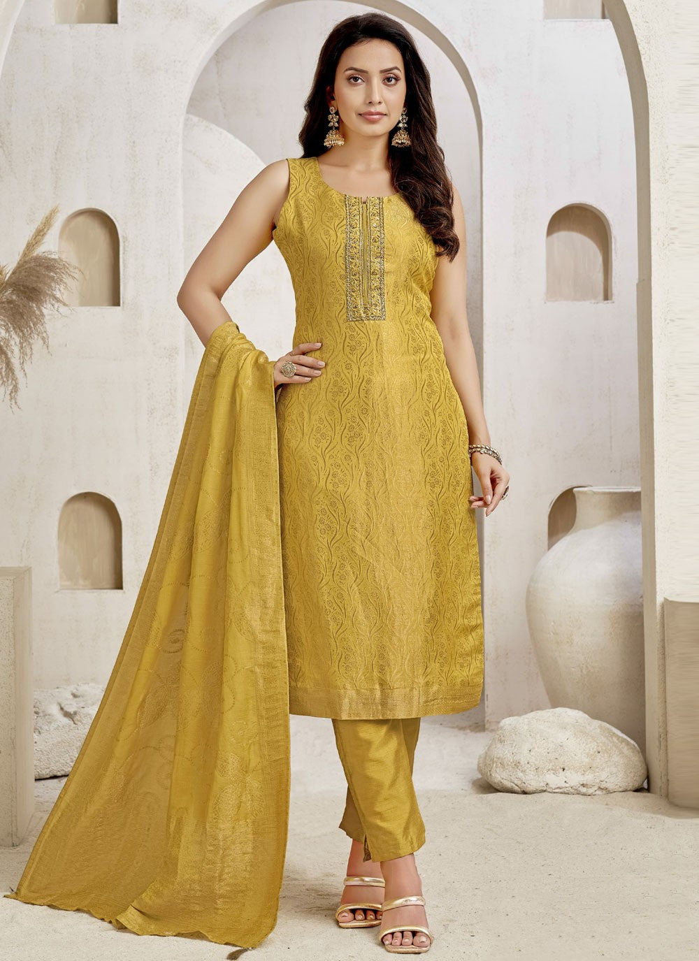 Pant Style Suit Embroidered, Jacquard Work Yellow T7608