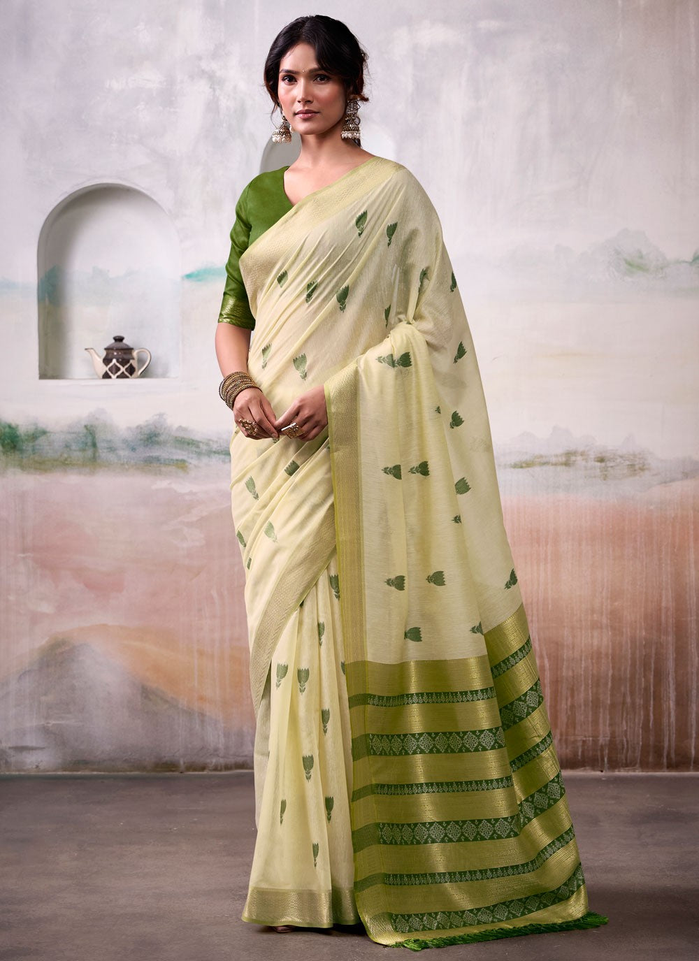 Cream Cotton Classic Saree Jacquard Work S17561