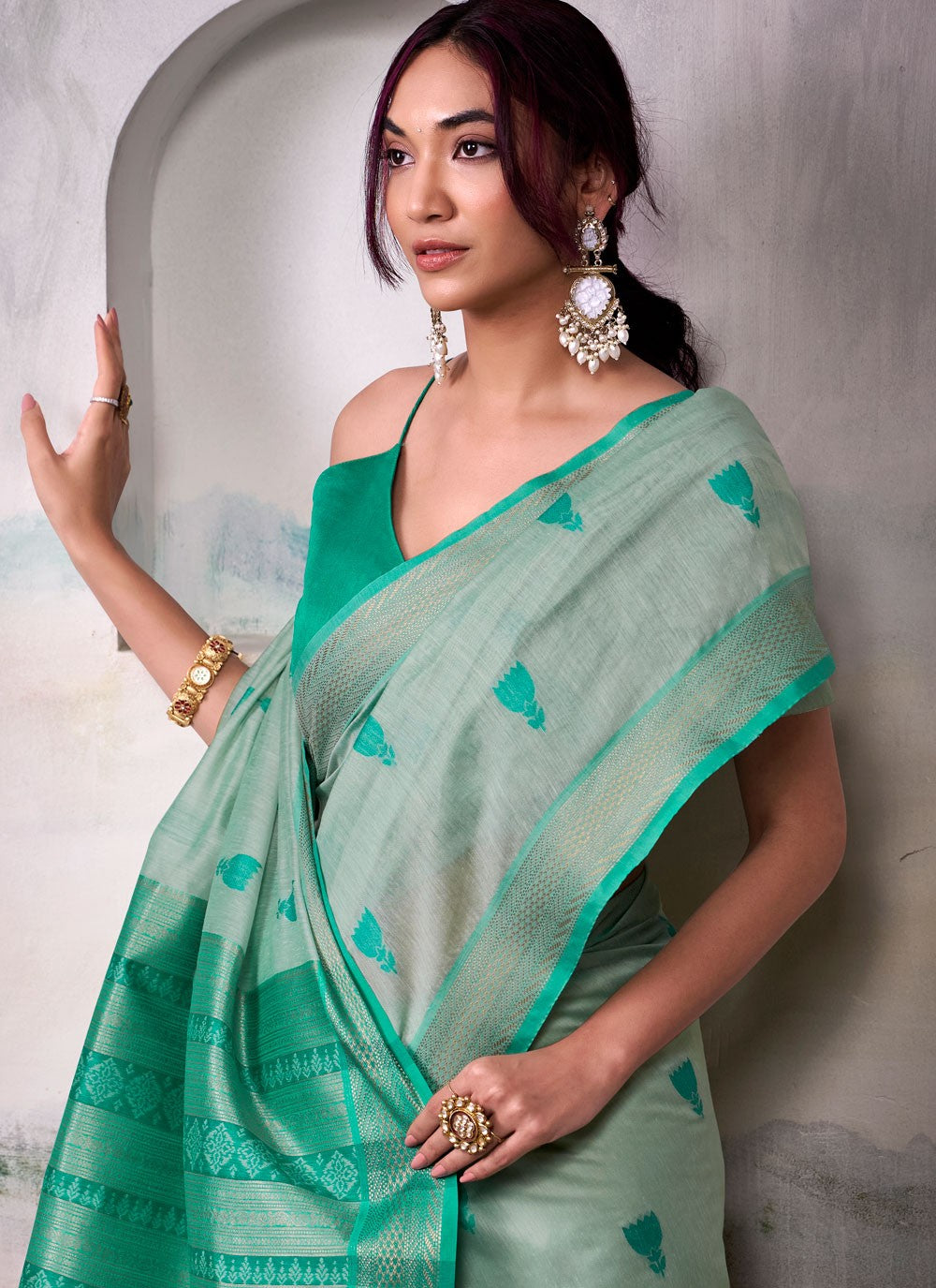 Turquoise Cotton Trendy Saree Jacquard Work S17560