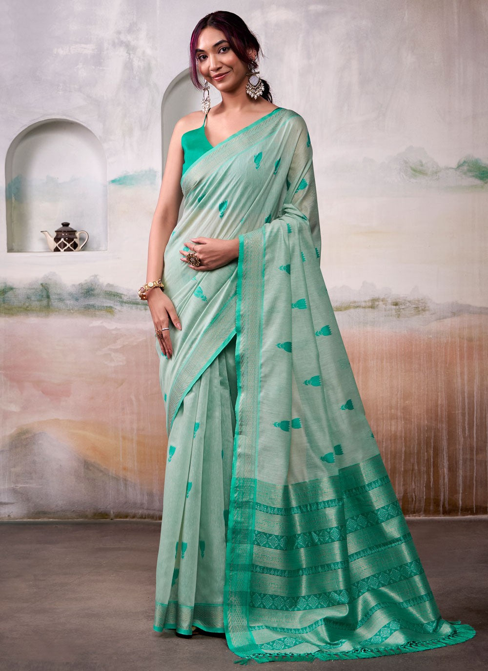 Turquoise Cotton Trendy Saree Jacquard Work S17560