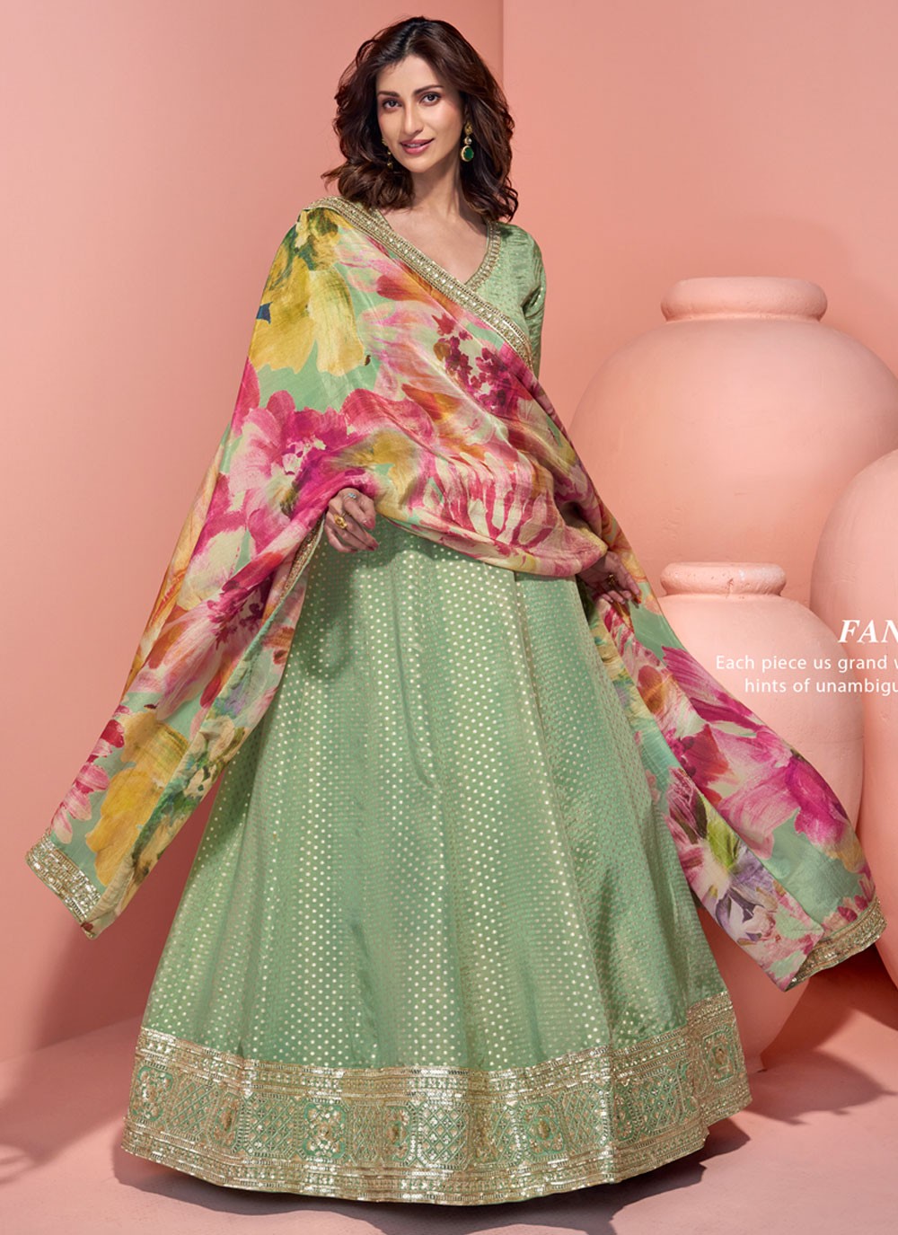 Embroidered Organza Green Trendy Suit T6011