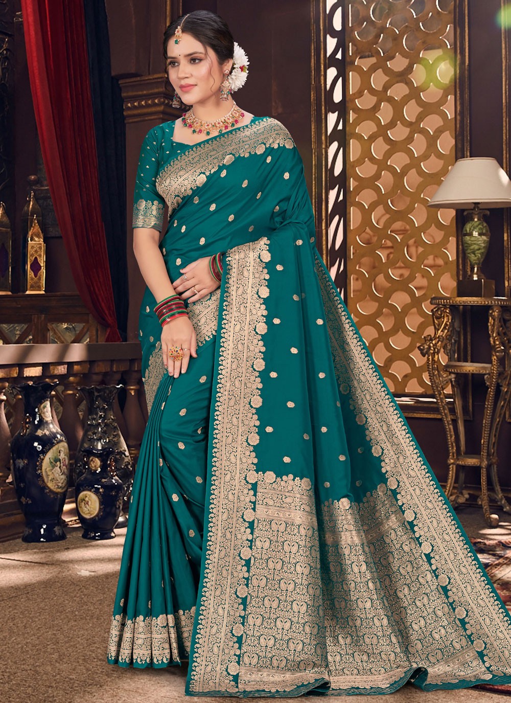 Designer Jacquard Work Green, Teal Silk S12881